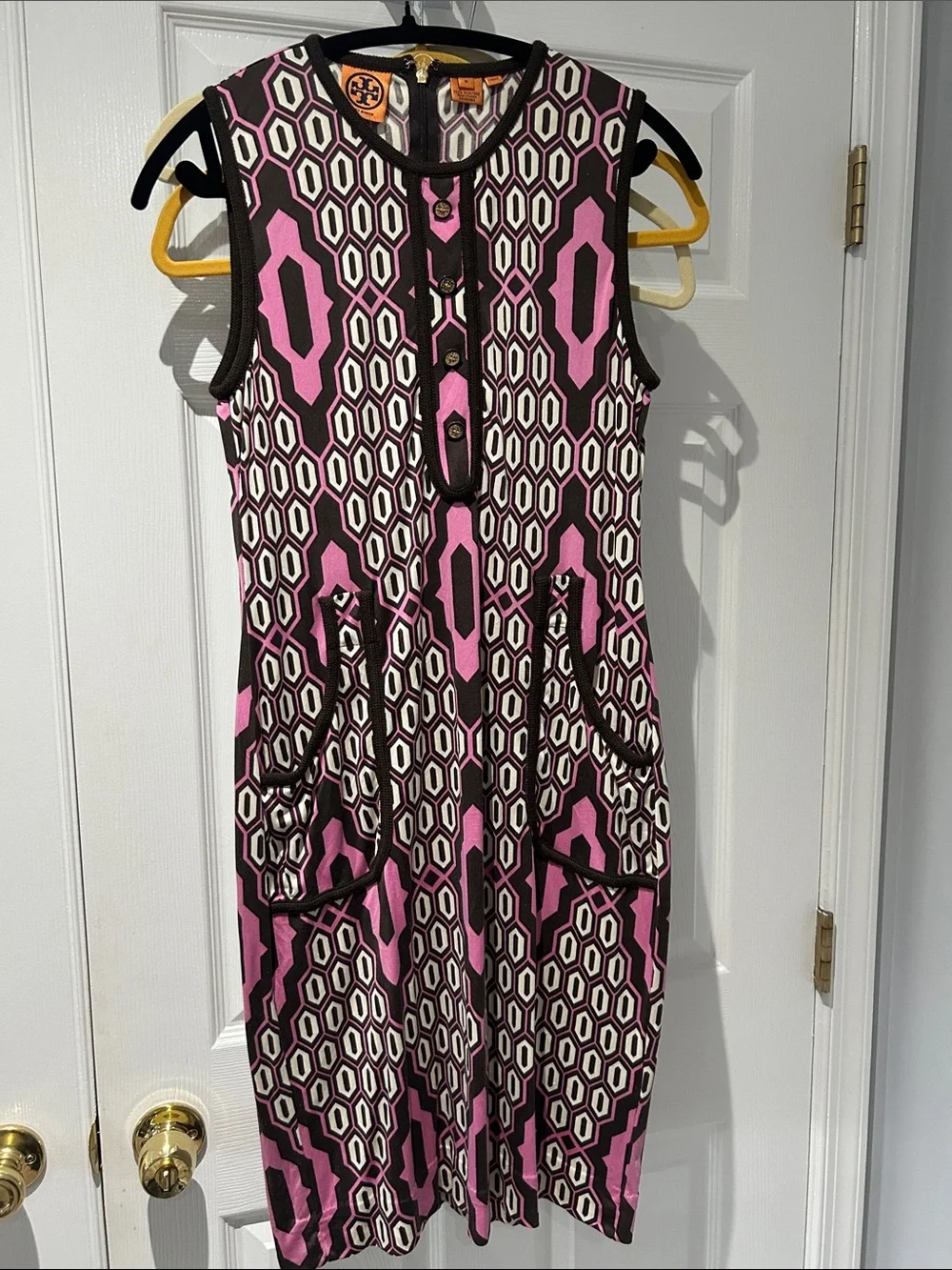 Tory Burch Pink, Cream & Brown Geometric Knit Shift Dress